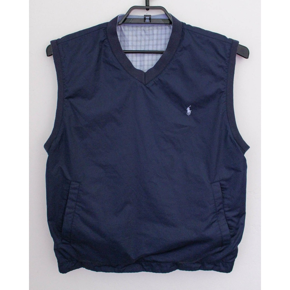 Polo Golf Ralph Lauren Vest Mens Medium Blue Reversible Plaid V-Neck Side Zip